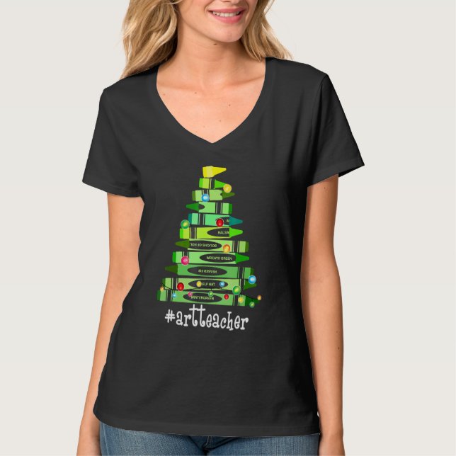 Christmas Crayon Art Teacher Tree Best  Christmas T-Shirt (Front)
