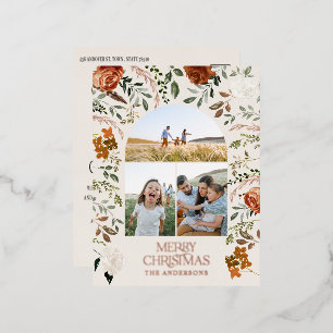 Christmas cream botanical elegant stag 3 photo foil holiday postcard