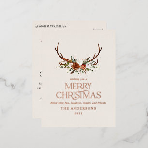 Christmas cream botanical elegant stag floral foil holiday postcard