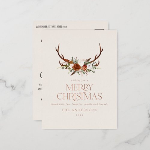 Christmas cream botanical elegant stag floral foil holiday postcard