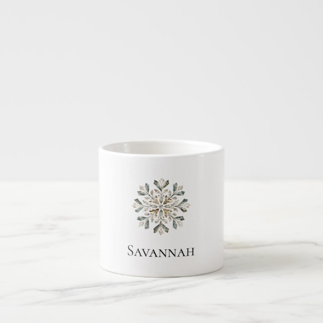 Christmas Cream Green Gold Snowflake Name Espresso Cup (Front)