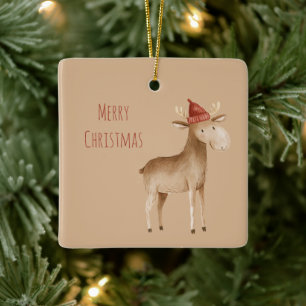 Christmas Cream Moose Deer Ceramic Ornament