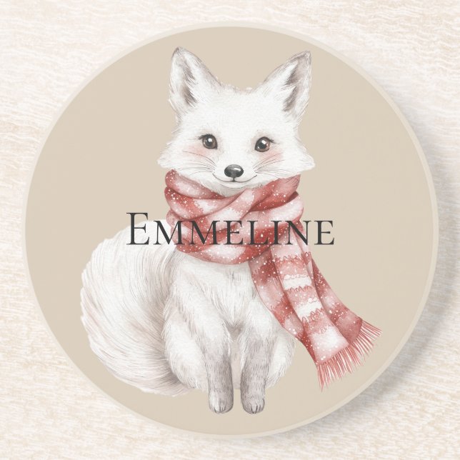 Christmas Cream Red White Peppermint Fox and Deer Coaster (Front)