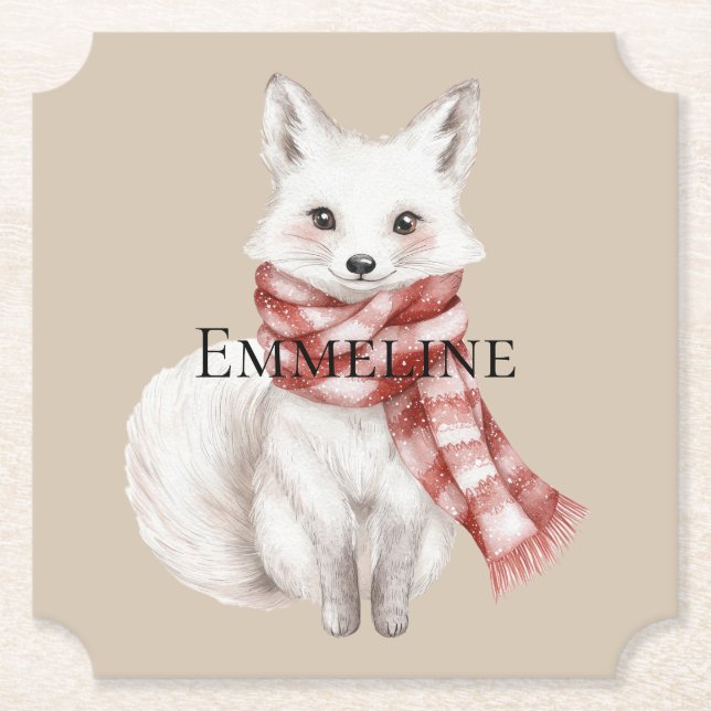 Christmas Cream Red White Peppermint Fox and Deer Paper Coaster (Front)