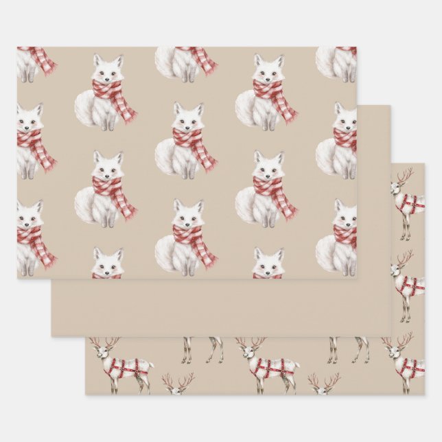 Christmas Cream Red White Peppermint Fox Deer Wrapping Paper Sheets (Set)