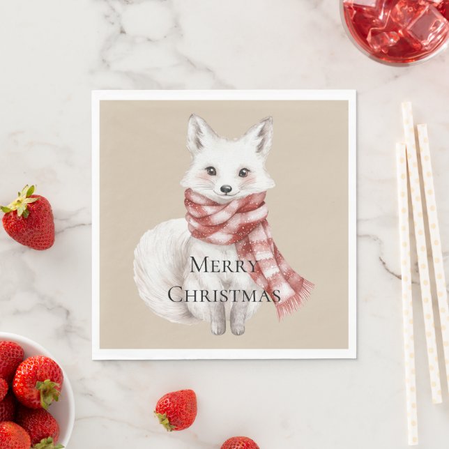 Christmas Cream Red White Peppermint Fox Napkins (Insitu)