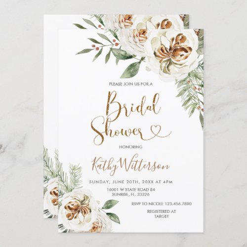 Christmas Creamy White Winter Floral Bridal Shower Invitation