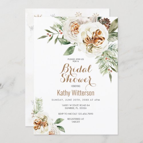 Christmas Creamy White Winter Floral Bridal Shower Invitation