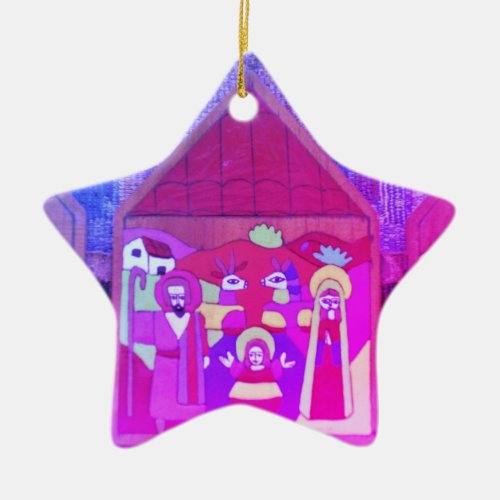 Christmas Creche in Miami Purple Blue Ceramic Ornament