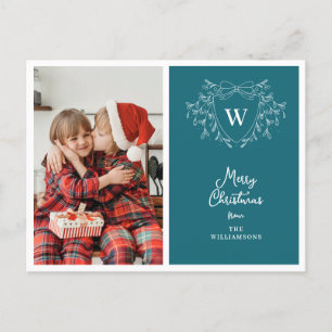 Christmas crest classy blue & white photo holiday postcard