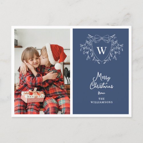 Christmas crest classy blue  white photo holiday postcard