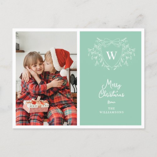 Christmas crest classy mint  white photo holiday postcard