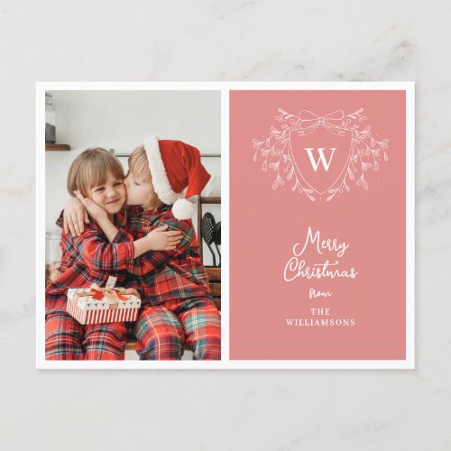 Christmas crest modern pink  white photo holiday postcard