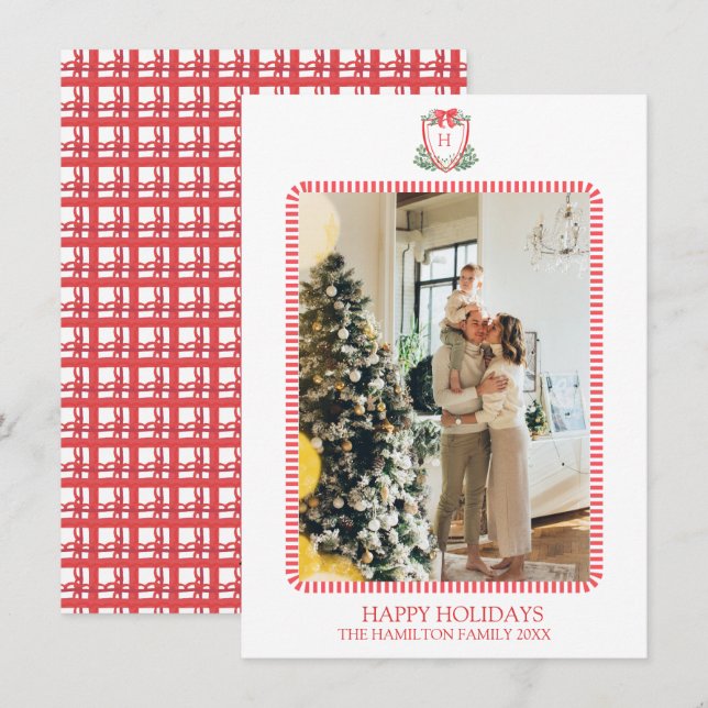 Christmas Crest Monogram Photo Grandmillennial Holiday Card (Front/Back)