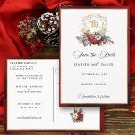 Christmas Crest Monogram Wedding Save the Date Announcement Postcard<br><div class="desc">Timeless and elegant yet festive holiday-themed wedding save the date design featuring classic hand-drawn gold floral crest accented by a colorful spray of red and white Christmas flowers and evergreens. This custom formal template includes editable text fields as well as custom calligraphy text graphics and a gold textured border. Back...</div>
