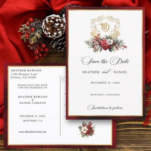 Christmas Crest Monogram Wedding Save the Date Announcement Postcard