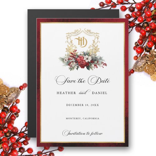 Christmas Crest Monogram Wedding Save the Date Magnetic Invitation