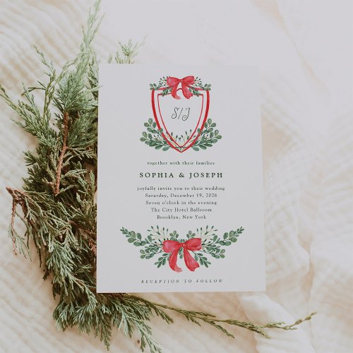 Christmas Crest  Whimsical Red and Green Wedding Invitation