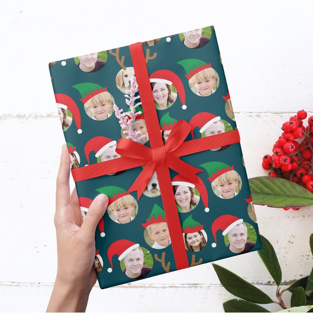 Christmas Crew Custom Six Photo Funny Holiday Gift Wrapping Paper (six of your photos get festive with reindeer antlers, Santa and elf hats on a navy blue background)