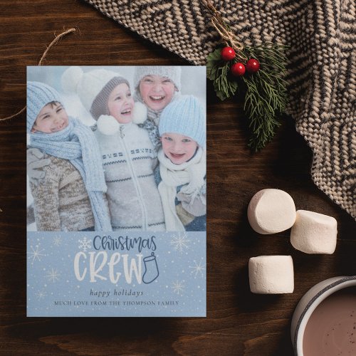 Christmas Crew Family Photo Snowflakes Blue Holiday Card