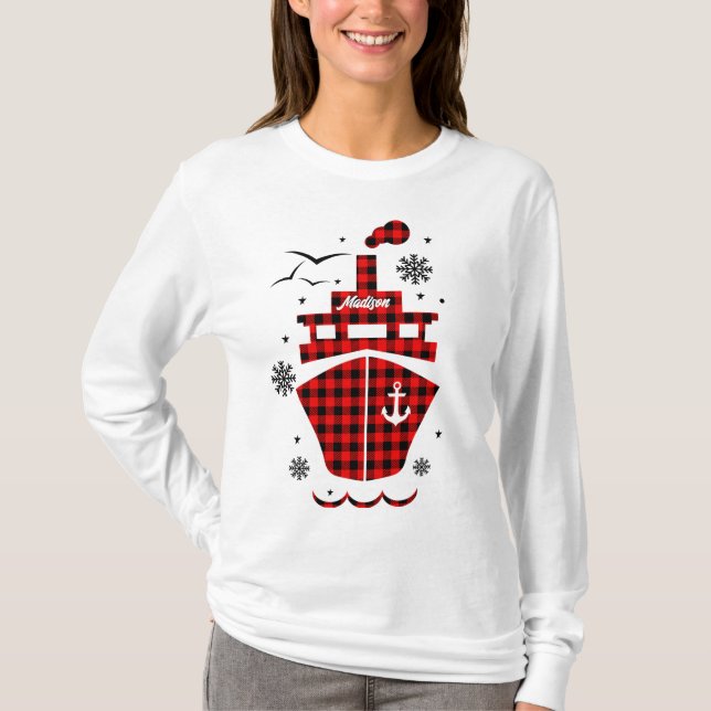 Christmas Crew Plaid Boat Ship Holiday Custom Name T-Shirt (Front)