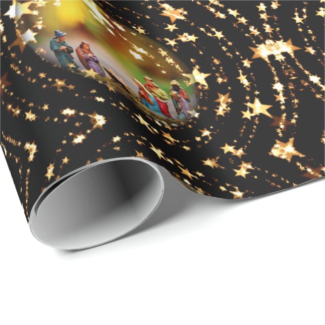Christmas Crib Nativity Scene Baubles Star Pattern Wrapping Paper (Roll Corner)
