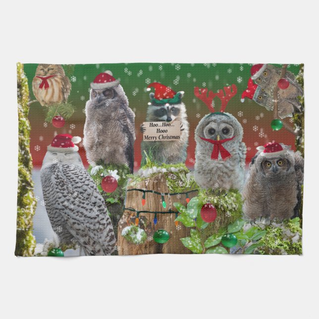 Christmas Critters Owls and Raccoon Towel (Horizontal)