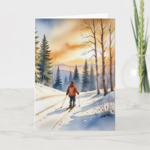 Christmas Cross Country Skier In Winter Woods Card