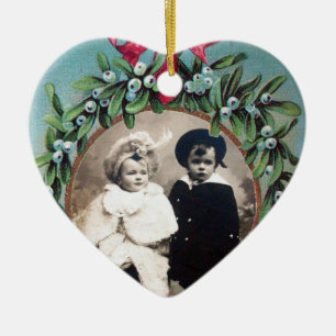 CHRISTMAS CROWN MISTLETOES HEART PHOTO TEMPLATE CERAMIC ORNAMENT
