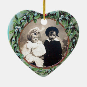 CHRISTMAS CROWN MISTLETOES HEART PHOTO TEMPLATE CERAMIC ORNAMENT