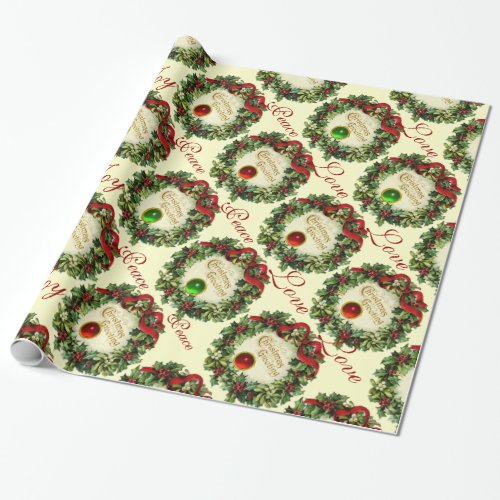 CHRISTMAS CROWN WITH HOLLY BERRIES JOY PEACE LOVE WRAPPING PAPER
