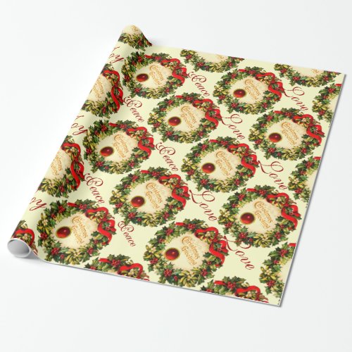 CHRISTMAS CROWN WITH HOLLY BERRIES JOY PEACE LOVE WRAPPING PAPER