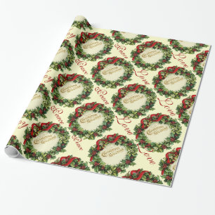 CHRISTMAS CROWN WITH HOLLY BERRIES, JOY PEACE LOVE WRAPPING PAPER