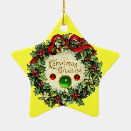 CHRISTMAS CROWN WITH MISTLETOES AND HOLLY BERRIES CERAMIC ORNAMENT