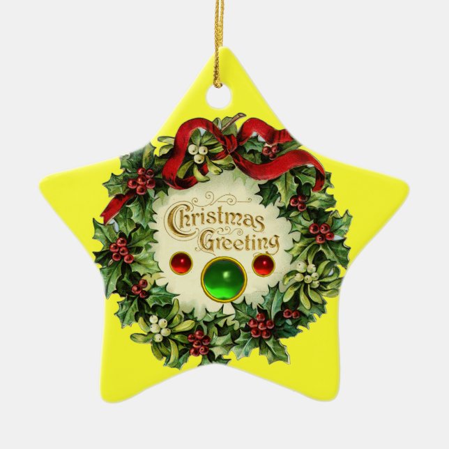 CHRISTMAS CROWN WITH MISTLETOES AND HOLLY BERRIES CERAMIC ORNAMENT (Front)