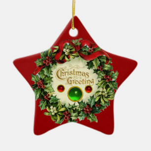 CHRISTMAS CROWN WITH MISTLETOES AND HOLLY BERRIES CERAMIC ORNAMENT