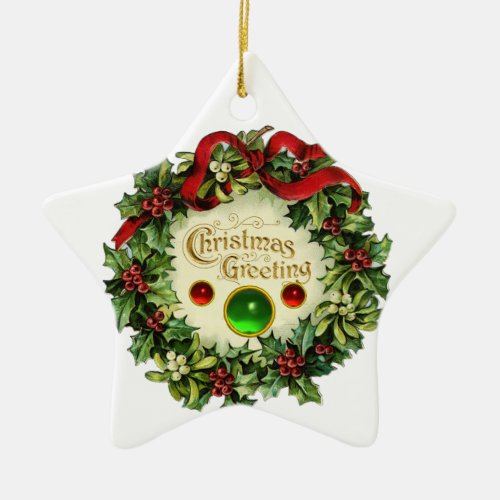 CHRISTMAS CROWN WITH MISTLETOES AND HOLLY BERRIES CERAMIC ORNAMENT