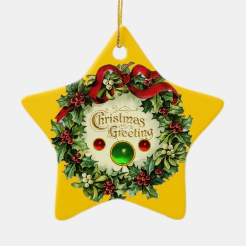 CHRISTMAS CROWN WITH MISTLETOES AND HOLLY BERRIES CERAMIC ORNAMENT