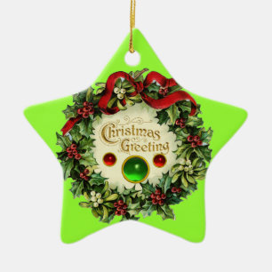 CHRISTMAS CROWN WITH MISTLETOES AND HOLLY BERRIES CERAMIC ORNAMENT