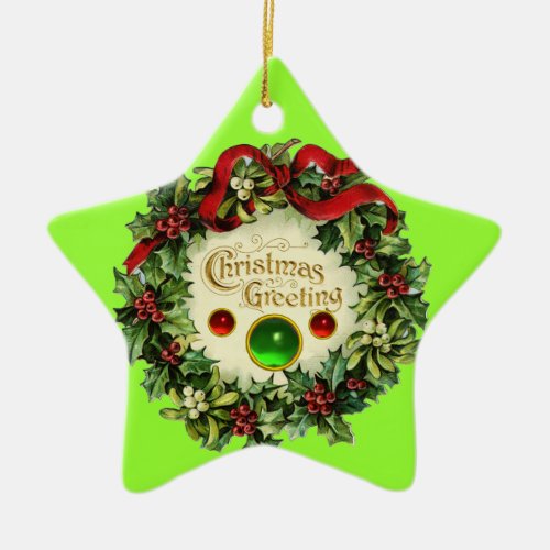 CHRISTMAS CROWN WITH MISTLETOES AND HOLLY BERRIES CERAMIC ORNAMENT