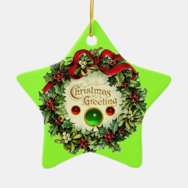 CHRISTMAS CROWN WITH MISTLETOES AND HOLLY BERRIES CERAMIC ORNAMENT (Front)