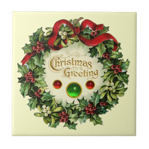 CHRISTMAS CROWN WITH MISTLETOES AND HOLLY BERRIES CERAMIC TILE