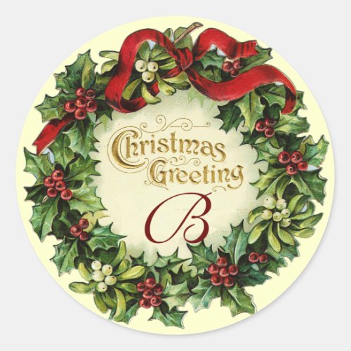 CHRISTMAS CROWN WITH MISTLETOES AND HOLLY BERRIES CLASSIC ROUND STICKER