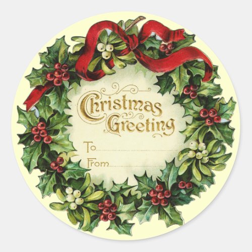 CHRISTMAS CROWN WITH MISTLETOES AND HOLLY BERRIES CLASSIC ROUND STICKER