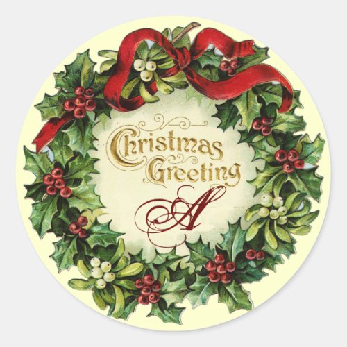 CHRISTMAS CROWN WITH MISTLETOES AND HOLLY BERRIES CLASSIC ROUND STICKER