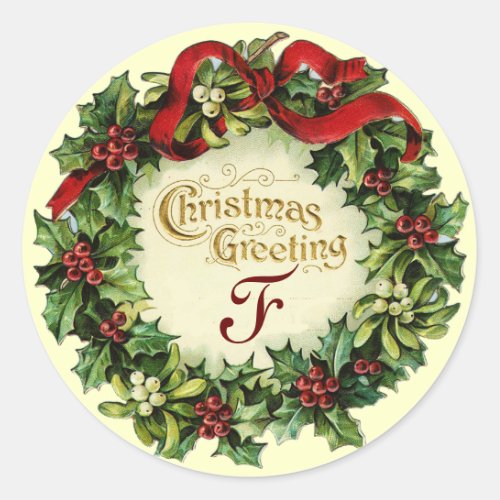 CHRISTMAS CROWN WITH MISTLETOES AND HOLLY BERRIES CLASSIC ROUND STICKER