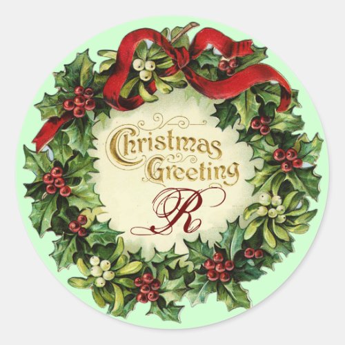 CHRISTMAS CROWN WITH MISTLETOES AND HOLLY BERRIES CLASSIC ROUND STICKER