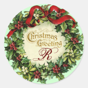 CHRISTMAS CROWN WITH MISTLETOES AND HOLLY BERRIES CLASSIC ROUND STICKER