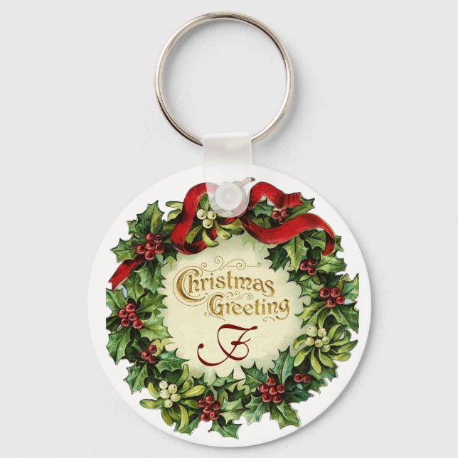 CHRISTMAS CROWN WITH MISTLETOES AND HOLLY BERRIES KEYCHAIN (Front)