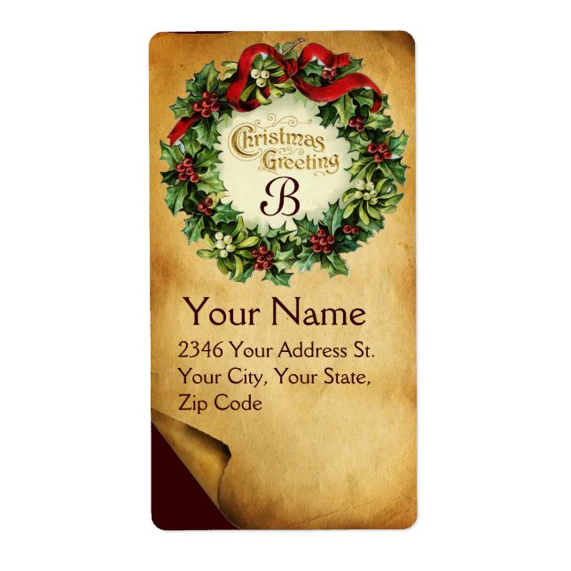 CHRISTMAS CROWN WITH MISTLETOES AND HOLLY BERRIES LABEL (Front)